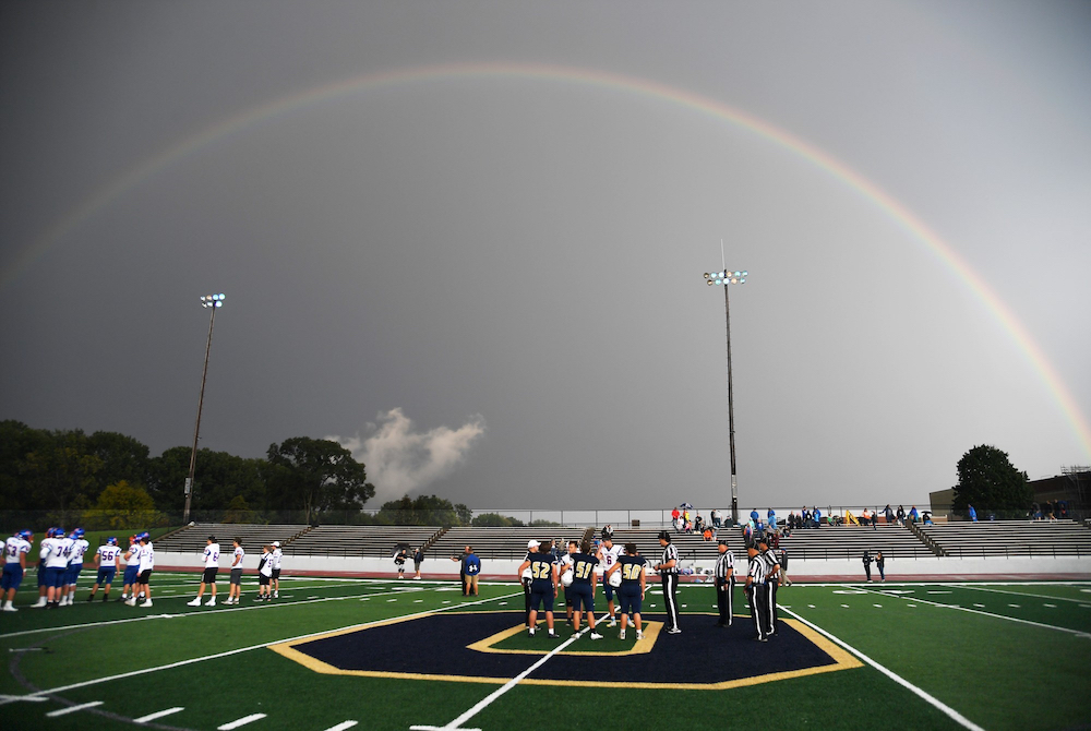 A rainbow decorates Otsego's field during pregame last season. 