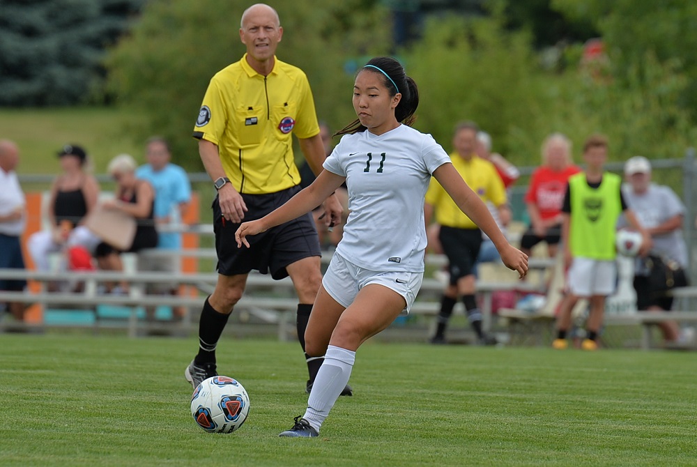 An official is in position before a free kick during the 2018 MHSAA Girls Soccer Finals.