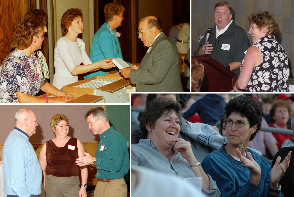 From top left, Karen Jackson has been a mainstay of the MHSAA for decades – serving membership, working with administrators like Randy Allen and Gina Mazzolini or serving as assistant to executive directors like Jack Roberts (right) and Vern Norris. 