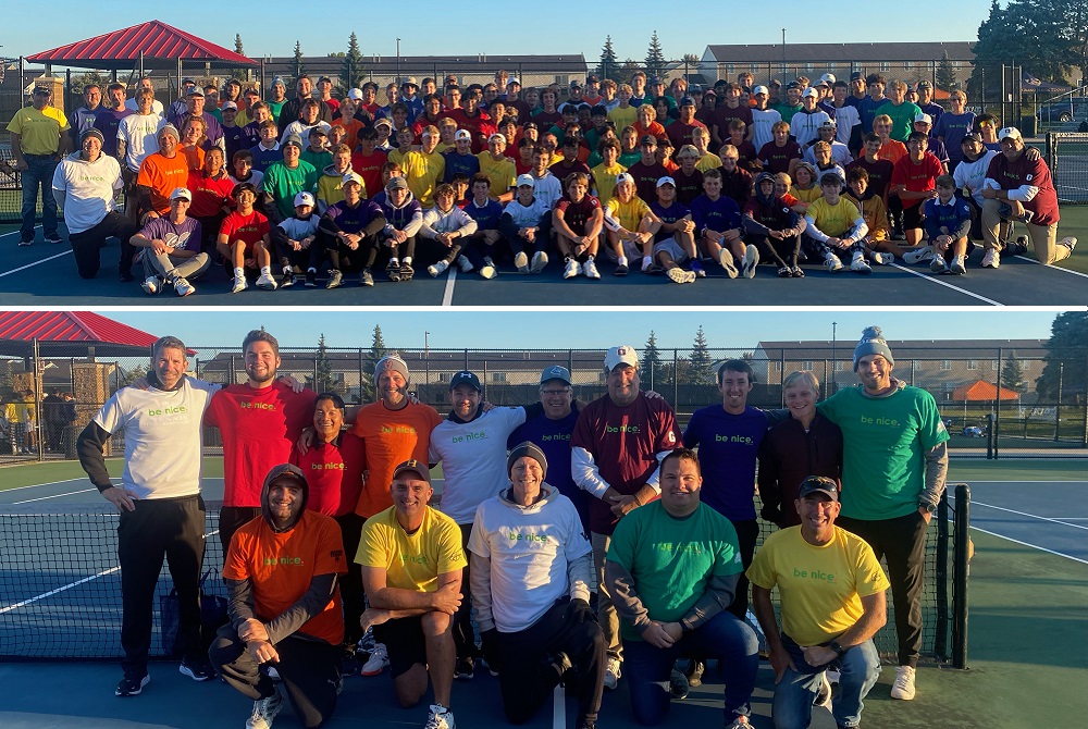 The O-K Red brought together 140 athletes and coaches for its boys tennis championship tournament and also in an effort to bring awareness through the be nice. program. The entire group is pictured above, and the coaches below.