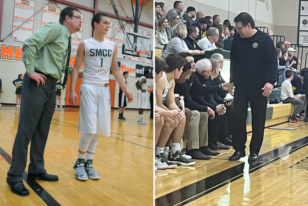  At left, coach Randy Windham and his son/point guard Bryce Windham confer during Monroe St. Mary’s Regional run in 2014. At right, Randy talks things over this season with Bryce, now his assistant coach.