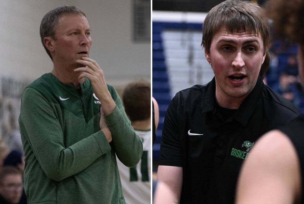 Father Matt, left, and son Derek Seidl are leading undefeated boys basketball teams this season at Olivet and Napoleon, respectively. 