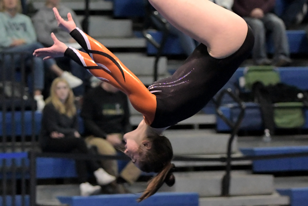 A Rockford gymnast competes in floor exercise during Friday’s MHSAA Team Final.