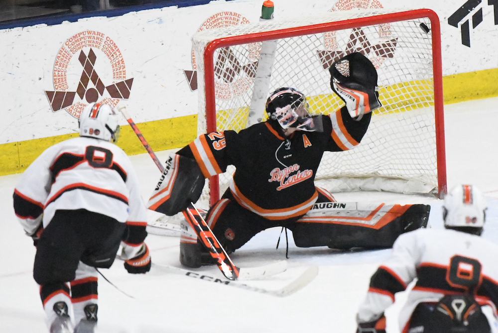 Bloomfield Hills Brother Rice’s Roman Villaire (8) finds the top corner of the net for what became the winning goal in Saturday’s Division 2 Final.
