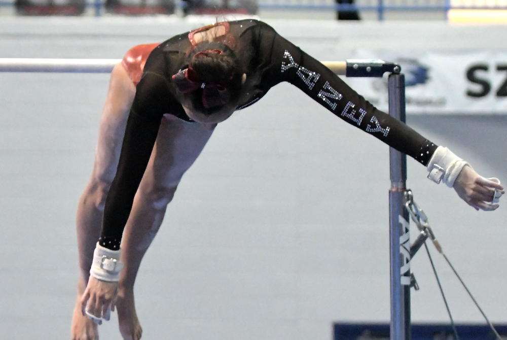 Grand Ledge's Alaina Yaney competes on the uneven parallel bars; she finished third on that apparatus.