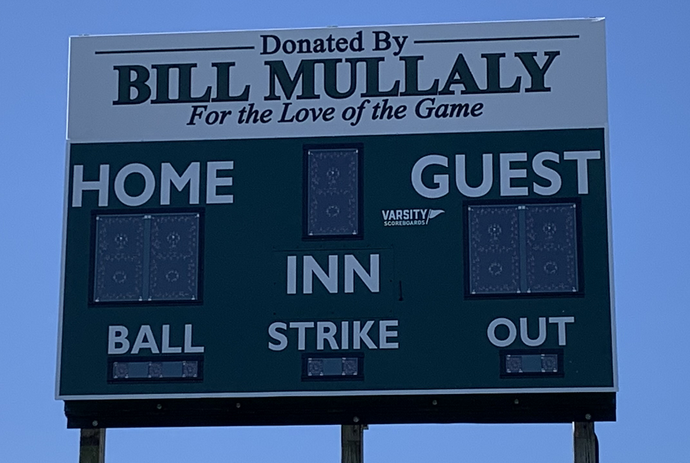 A scoreboard donated by Bill Mullaly stands tall at Pittsford High School. 
