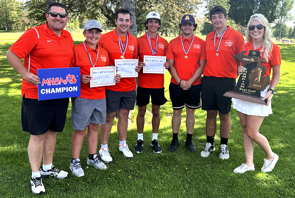 Rock Mid Peninsula celebrates its first UP Finals championship in boys golf Thursday. 