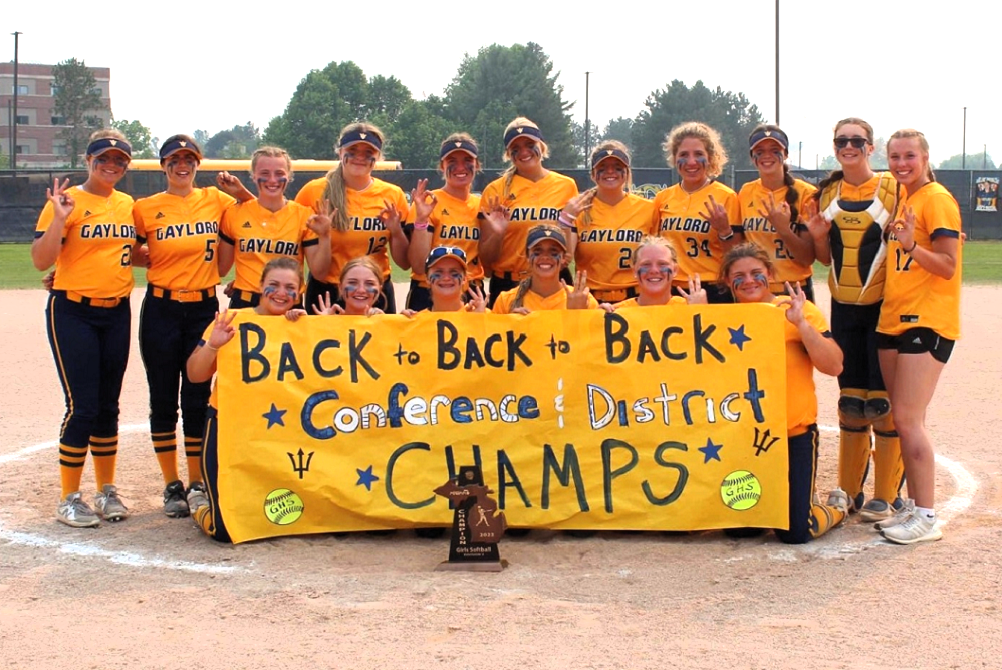 The Gaylord softball team celebrates its third-straight Big North Conference championship.