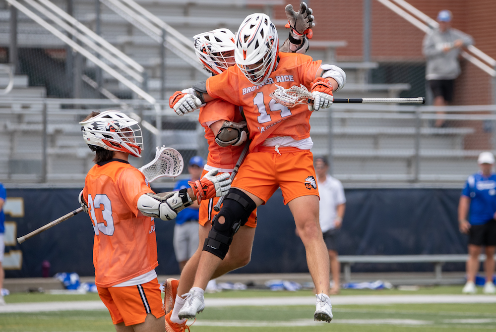 Brother Rice including Hunter Polonkey (14) celebrates Saturday. (Middle) Polonkey works for position against. DCC’s Cal Taulbee. 