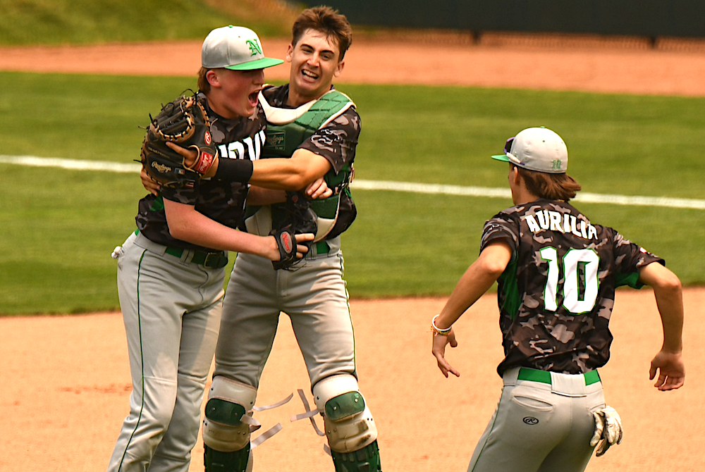 Novi players, from left, Uli Fernsler, Brett Reed and Jonathan Aurilia celebrate their team’s Semifinal win Thursday at McLane Stadium. 