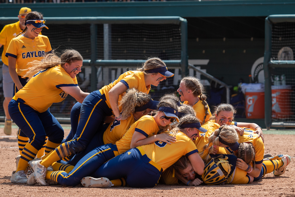 Gaylord players celebrate their team’s Division 2 championship Saturday at Secchia Stadium.