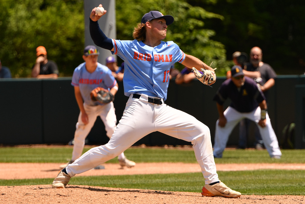 Bridgman's Chuck Pagel delivers a pitch during the Division 3 Final.