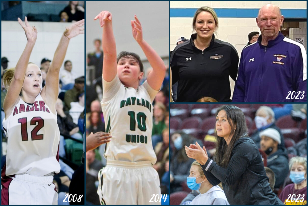 Lindsey Banktson plays at Portland in 2008 and stands for a celebratory photo with Frankfort’s District champion last season. Presley Kreski plays for Wayland in 2014 and coaches Frankfort this summer. 