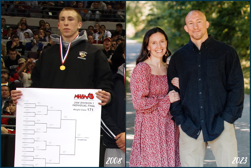 Rockford’s Ben Bennett stands atop the podium at the 2008 Individual Finals, and now with fiancé Erica Garwood.