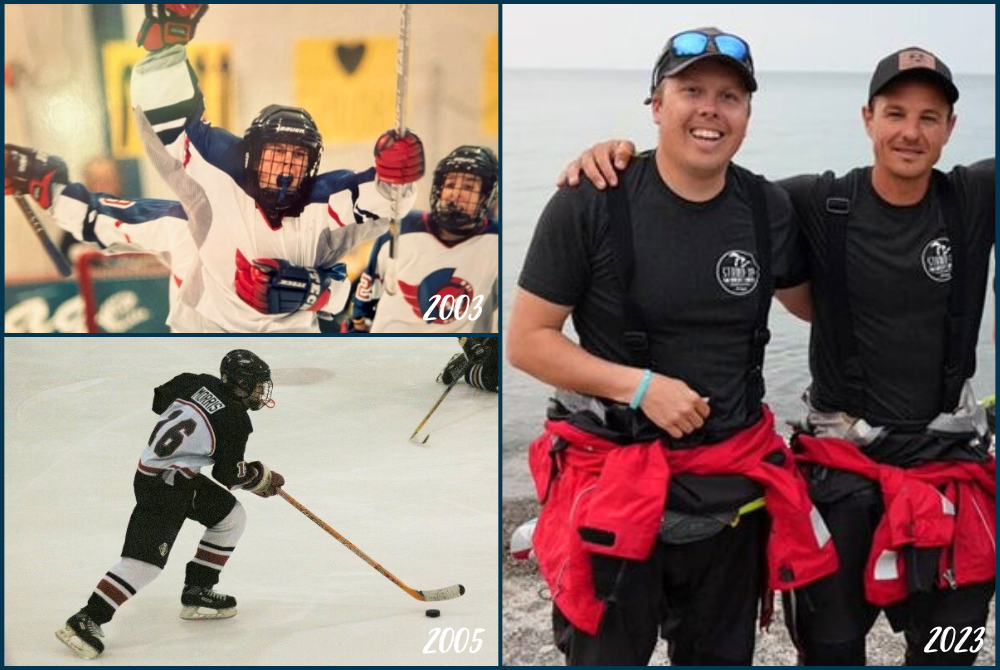 Clockwise from top left: Jeff Guy celebrates a goal while playing for Traverse Bay Reps with Kwin Morris to his left, Guy (left) and Morris (right) take a photo after one of their paddle board trips, and Morris bringing the puck up the ice for the Reps. 