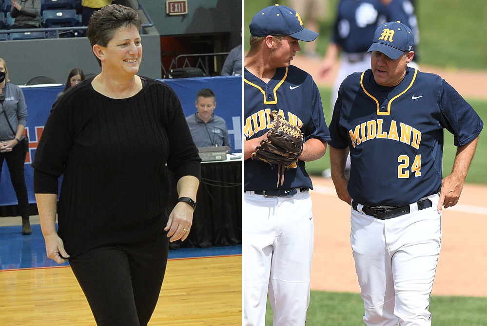 Battle Creek St. Philip coach Vicky Groat steps on the court to receive her team's Division 4 championship trophy in 2021, and Midland's Eric Albright (far right) confers with his pitcher during the 2018 Division 1 Semifinals.