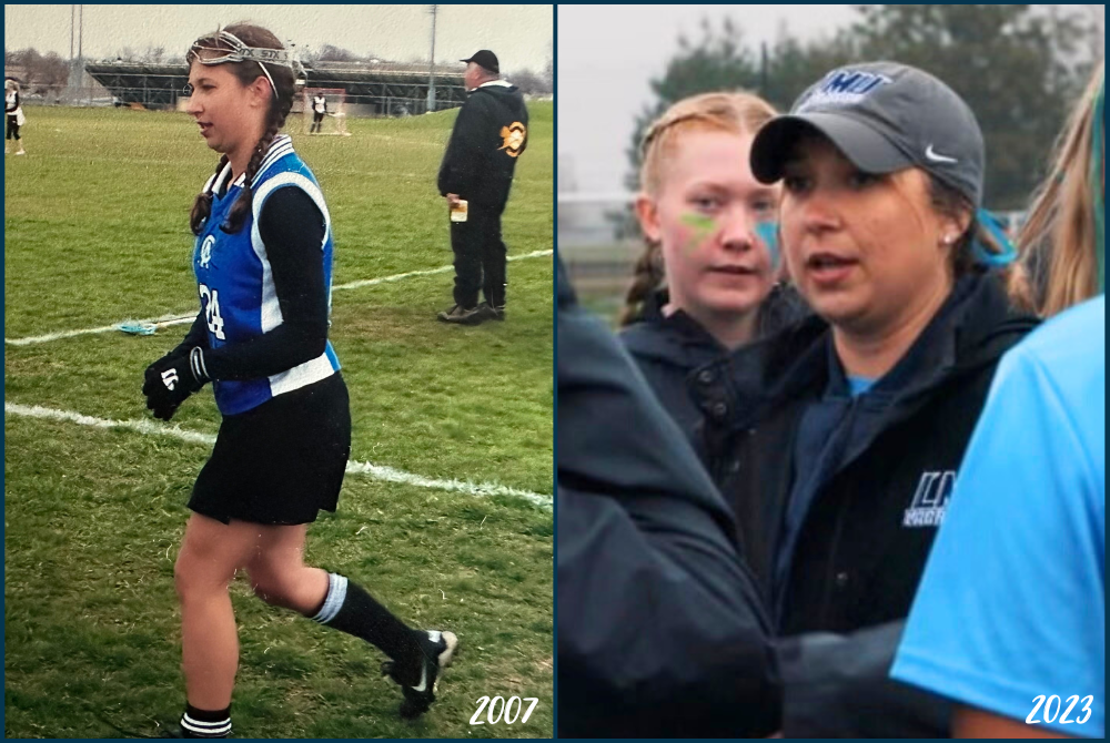 At left, Alyssa Shaver takes the field for Flint Carman-Ainsworth, and at right she coaches at Lincoln Memorial University.