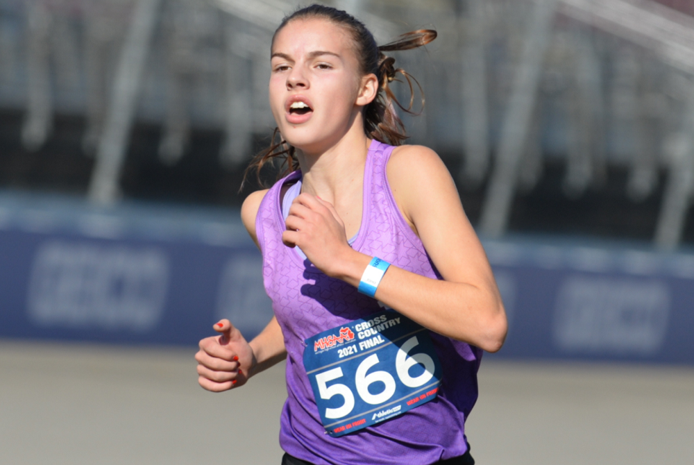 Rachel Forsyth nears the finish line during the 2021 LPD1 Cross Country Final.