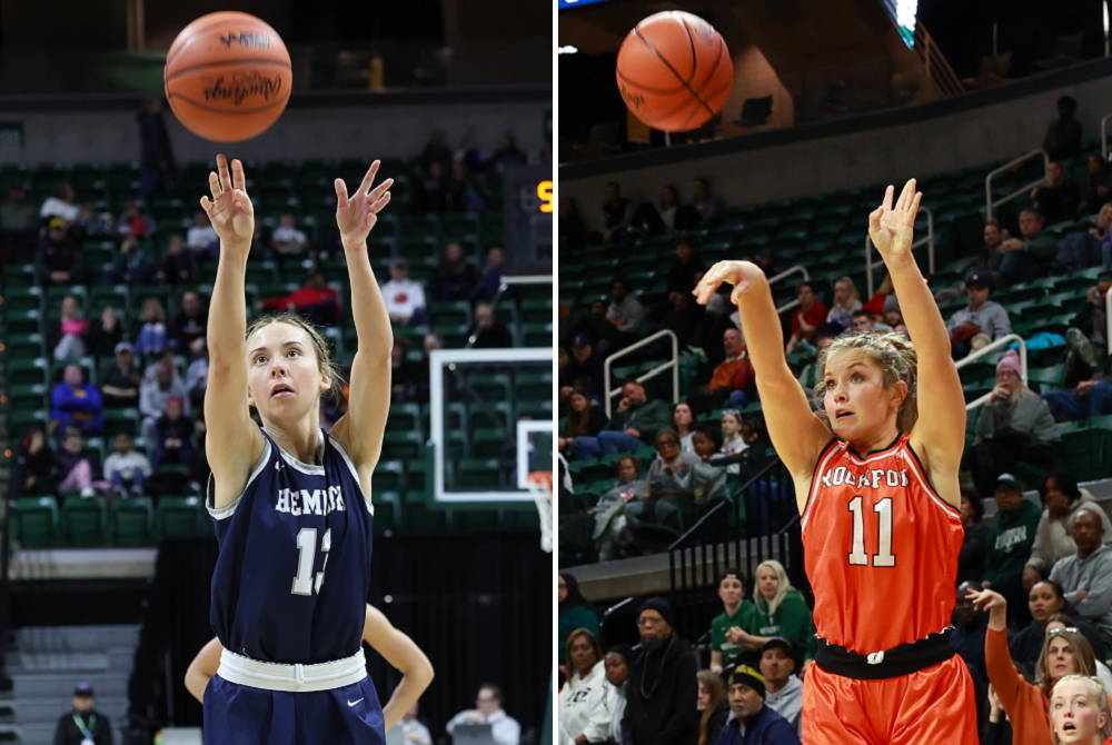 Hemlock's Regan Finkbeiner, left, follows through on a free throw attempt during last season's Division 3 Final, and Rockford's Grace Lyons launches the game-winning 3-pointer in Division 1.