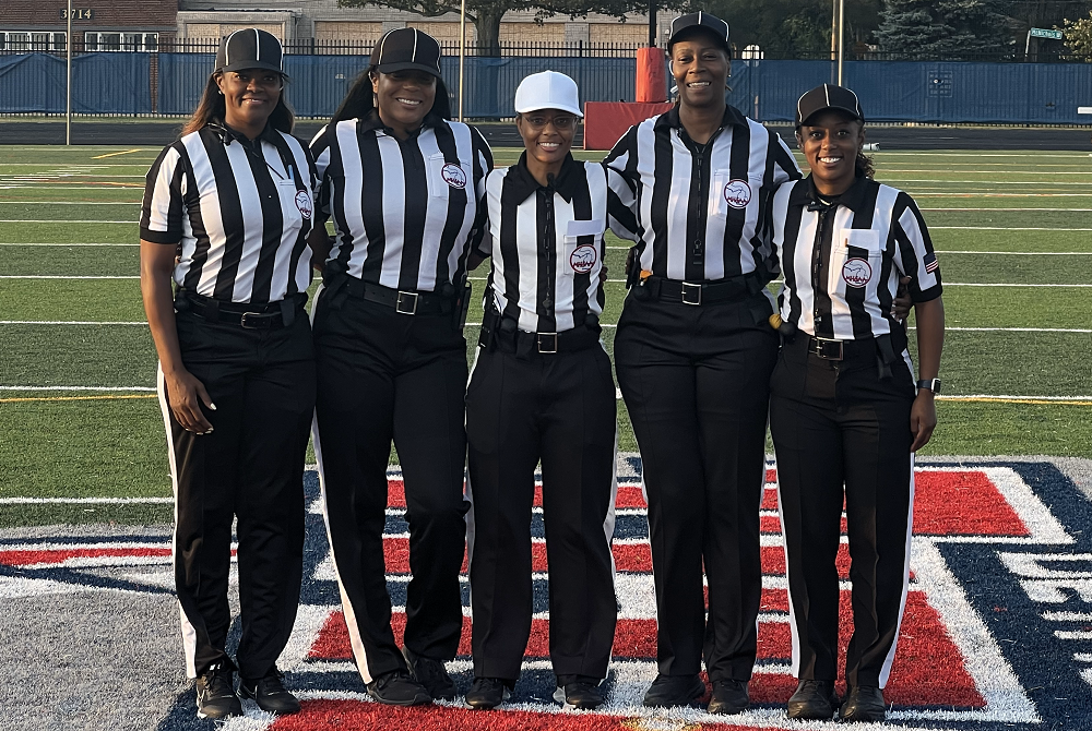 Thursday's crew at Detroit Mercy, from left: head line judge Caryn Jackson, umpire RanDee Henry, referee Nicole Randolph, line judge Delonda Little and back judge Kamaria Douglas. 