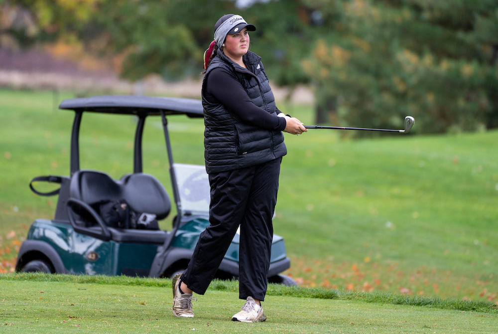 Farmington Hills Mercy's Abby Slankster drives during Saturday's second round at the Lower Peninsula Division 2 Final. 