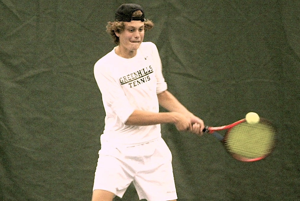 Ann Arbor Greenhills’ Teddy Staebler returns a volley during a No. 2 singles match at the Division 4 Finals.