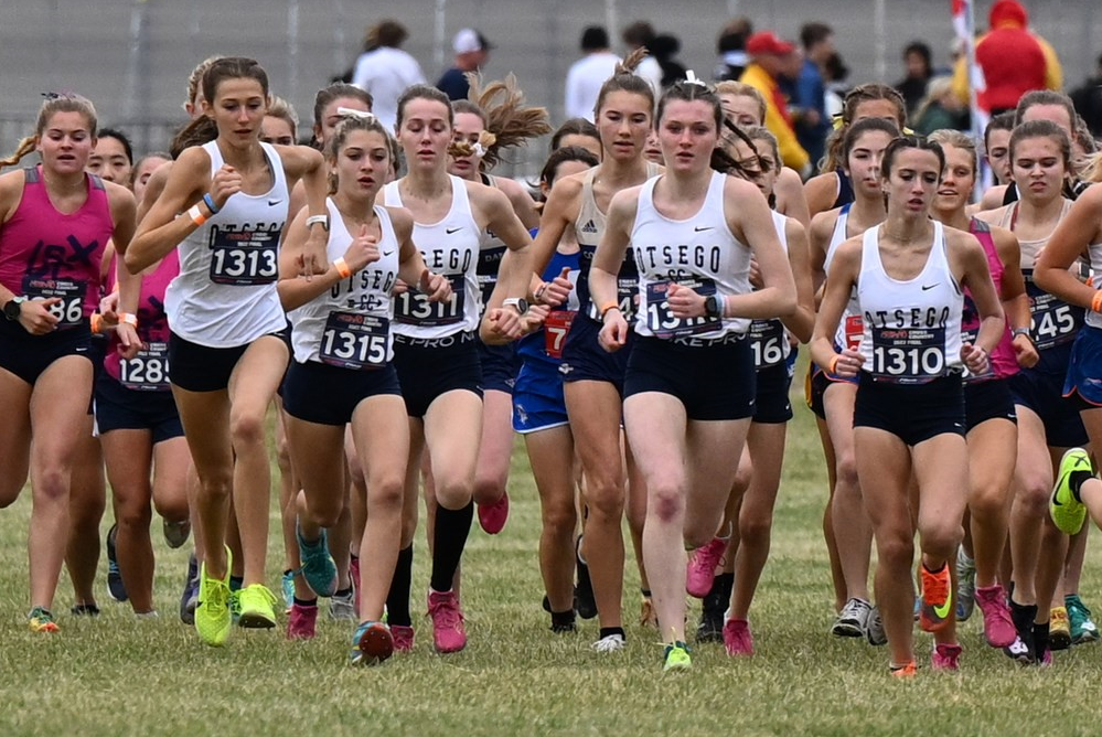 Otsego takes off during the start of last season’s Lower Peninsula Division 2 Final, including returning runners Logan Brazee (1310), Megan Germain (1312), Emma Hoffman (1313) and Taylor Mitchell (1315). 