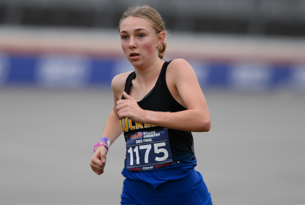 Buckley’s Aiden Harrand approaches the finish Saturday on the way to her second-straight Division 4 championship. 