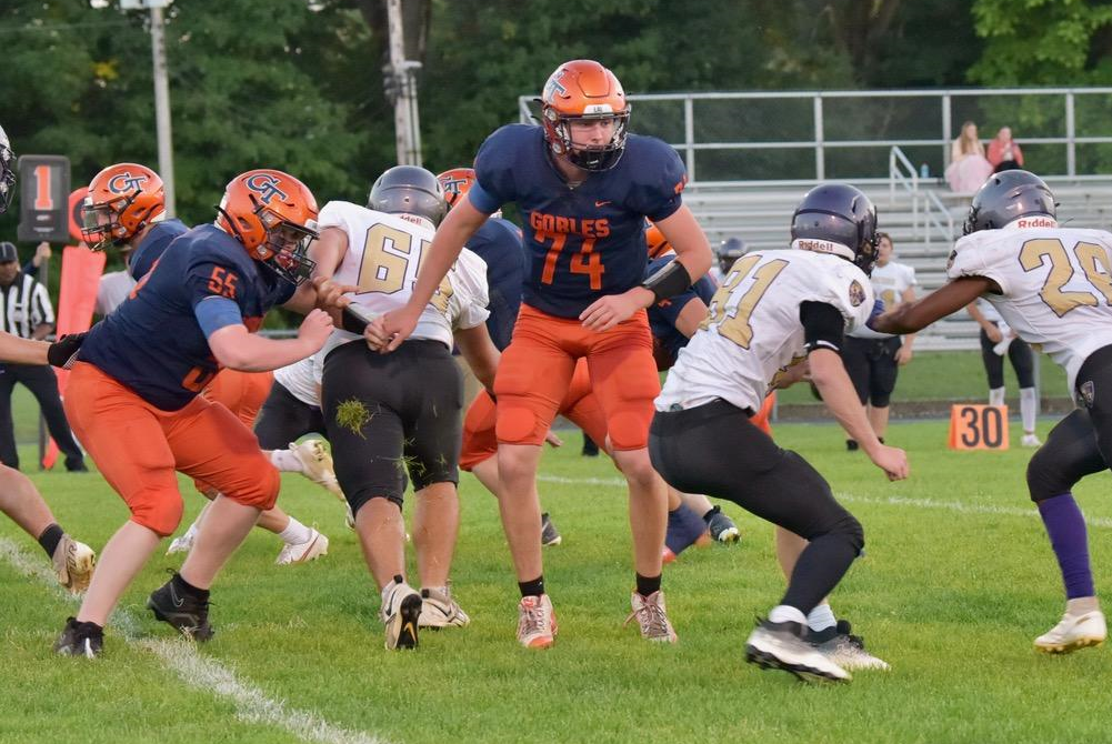 Gobles junior Jackson Geiger (74) squares up to make a block during his team’s game against Concord this season. 