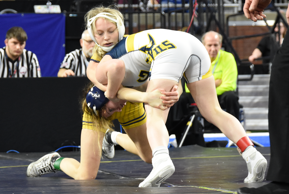 Algonac’s Sky Langewicz wrestles Gaylord’s Sunni LaFond during last season’s Individual Finals at Ford Field. 