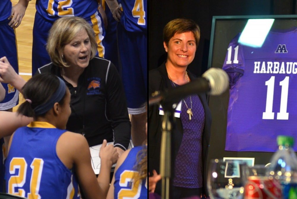 Bloomfield Hills Marian coach Mary Cicerone, left, huddles with her team during an MHSAA Finals weekend, and Ann Arbor Pioneer athletic director Eve Claar welcomes John and Jim Harbaugh into the Ann Arbor Pioneer Hall of Fame. 