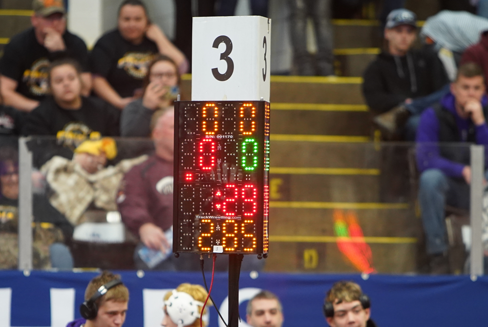 A scoreboard displays 0-0 before a 2023 Finals weekend match. 