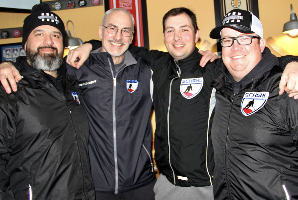 MHSAA hockey officials, from left: Nick Schrippa, Bob Corak, Nat Swanson and Corey Butts get together recently for one of their weekly hangouts.