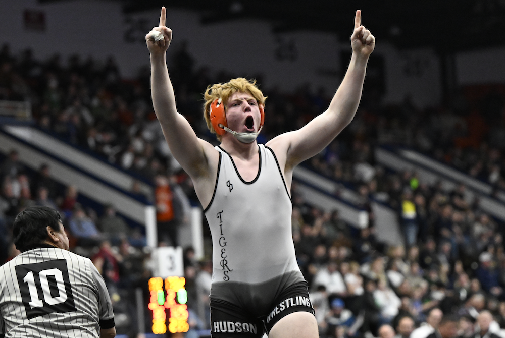 Hudson’s Barron Mansfield celebrates his pin at 190 pounds during Saturday’s Division 4 Final.