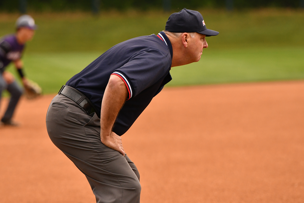A baseball umpire awaits the next pitch.