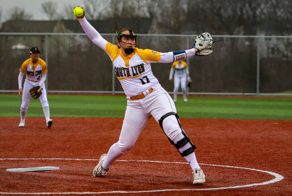 South Lyon’s Ava Bradshaw makes her move toward the plate during a game against Flat Rock this spring. 