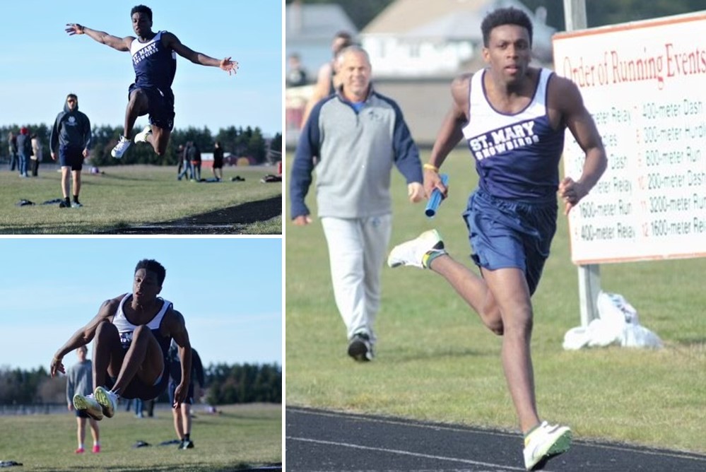 Gaylord St. Mary’s Rylan Matelski long jumps and runs a relay.