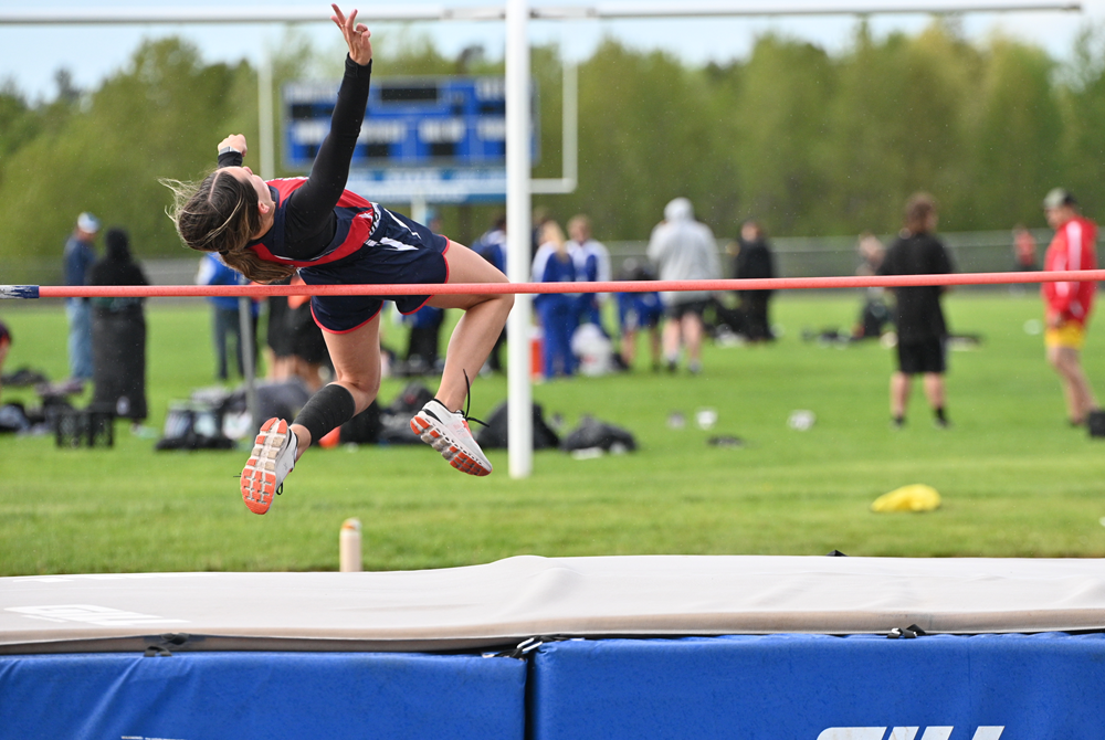 Ishpeming Westwood's Faith Spiroff competes on the way to winning the high jump at the Mid-Peninsula Conference championship meet May 22. 