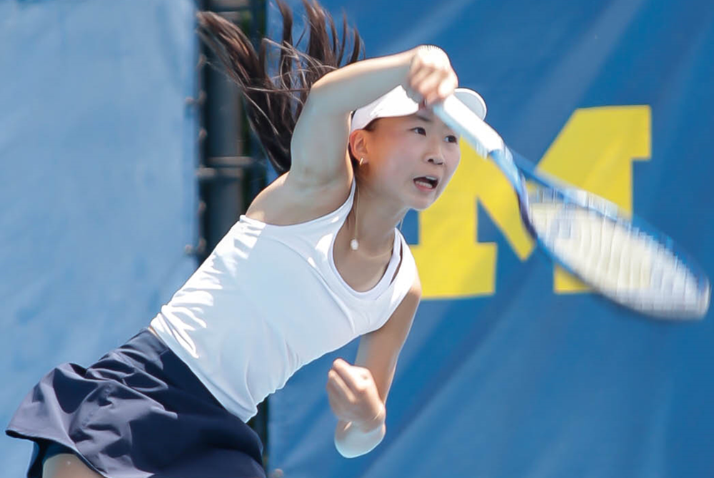  Ann Arbor Greenhills’ Shangyang Xia smashes a forehand during a No. 3 singles match Saturday. 