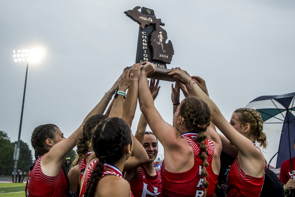 Hart celebrates its third-straight Division 3 championship Saturday at Kent City.