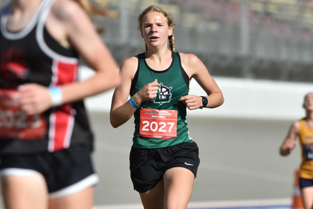 Elkton-Pigeon-Bay Port Laker’s Aubrey Zarnke (2027) races toward the finish during last season’s MHSAA Finals at MIS.