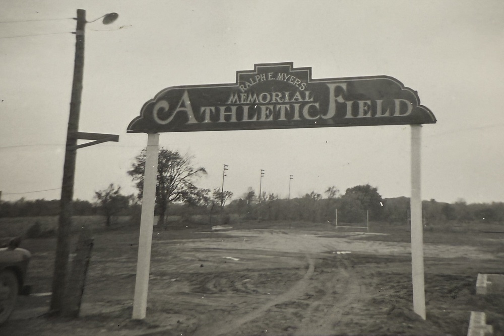 A sign welcomes visitors to Caledonia’s home field in 1954.
