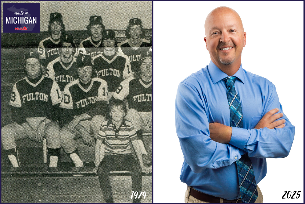 At left, Warren Kent III sits in the front row of a team photo as manager for dad Warren Kent Jr.'s 1979 Fulton baseball team; Kent Jr. is sitting far left of second row from bottom. At right, Kent III today.