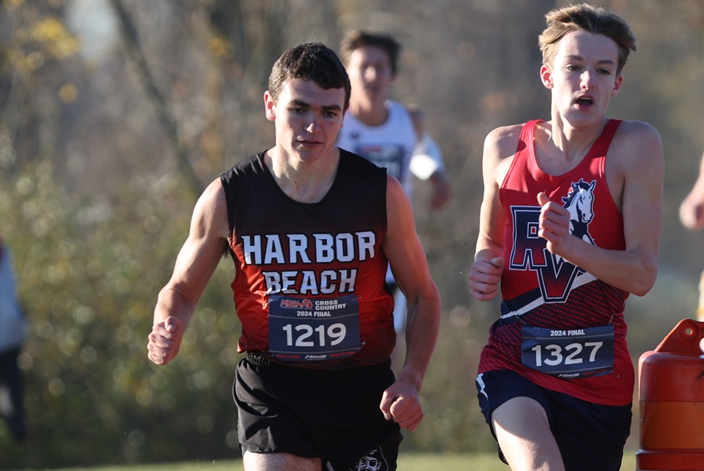 Harbor Beach’s Brody Karg (1219) paces with Three Oaks River Valley’s Landon Rogers during last season’s Division 4 Final at MIS. 