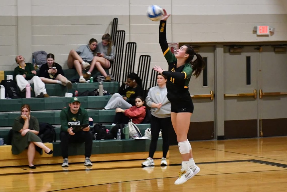 Flat Rock's Sarah Giroux serves a volleyball.