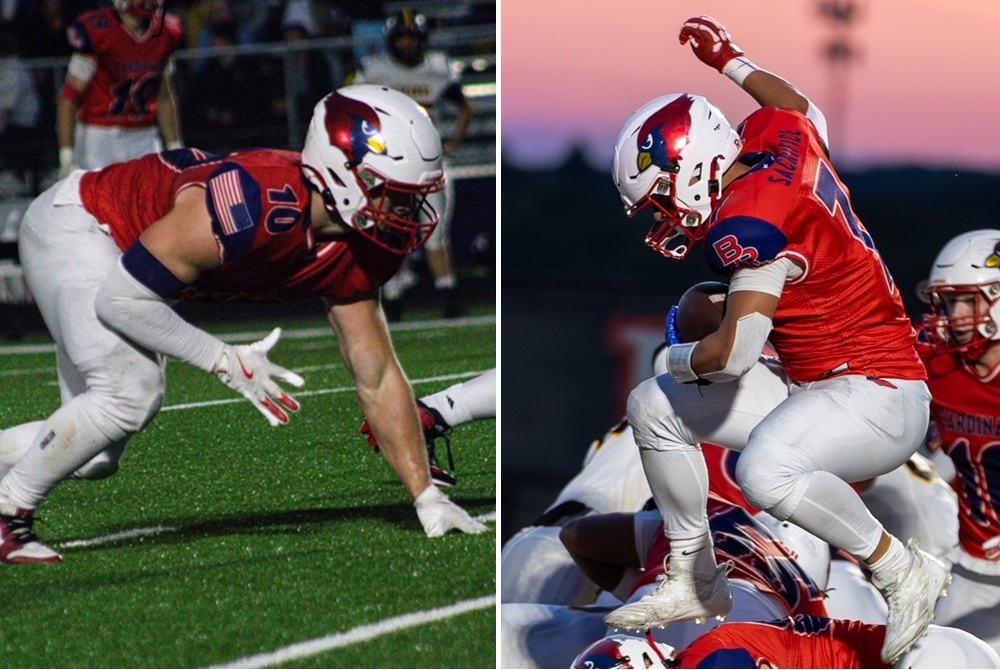 At left, Max Bollman lines up from at defensive end, while at right, Jack Bollman finds his way into the end zone against Howard City Tri County.