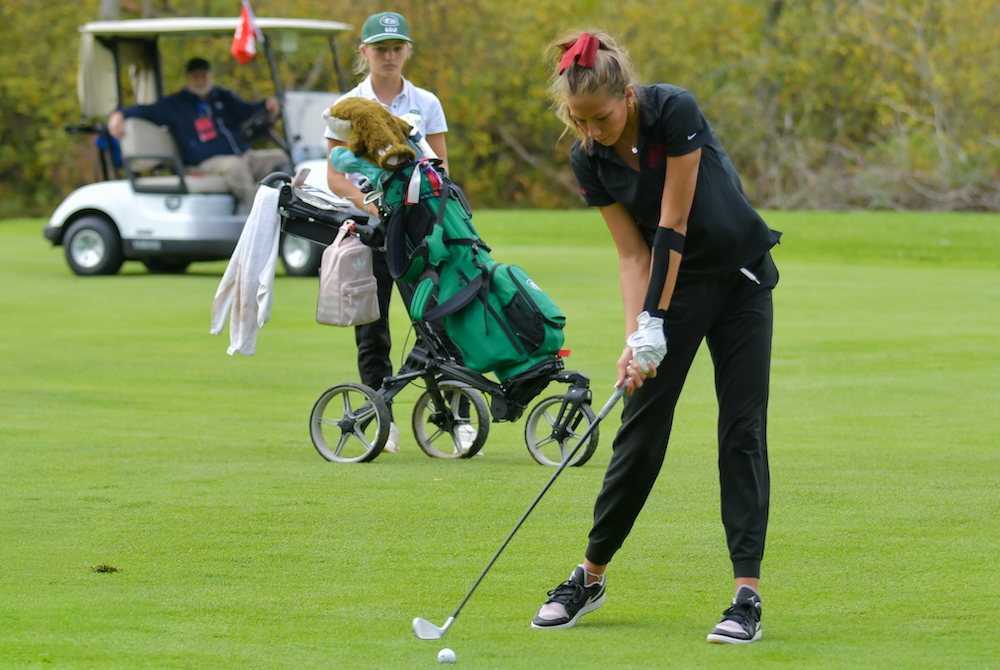 Dexter’s Avery Manning tees off during Saturday’s second round at Battle Creek’s Bedford Valley. 