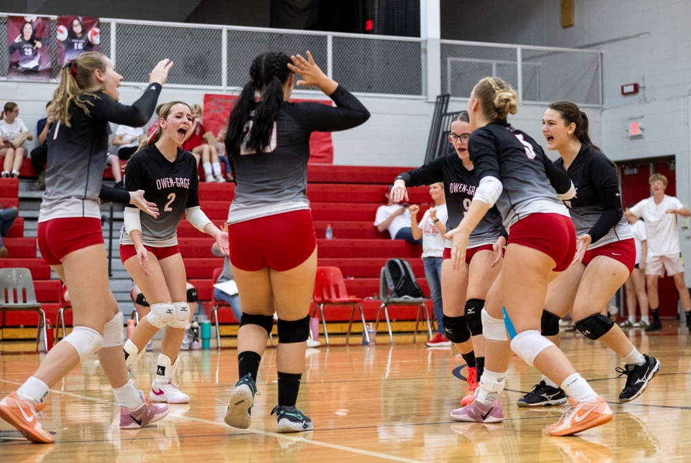 Owendale-Gagetown players celebrate during a match this season. 