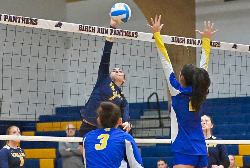 Saginaw Valley Lutheran’s Grace Parker (7) elevates to get to the ball as Birch Run’s Teagan Abraham (2) sets up to block Tuesday. 