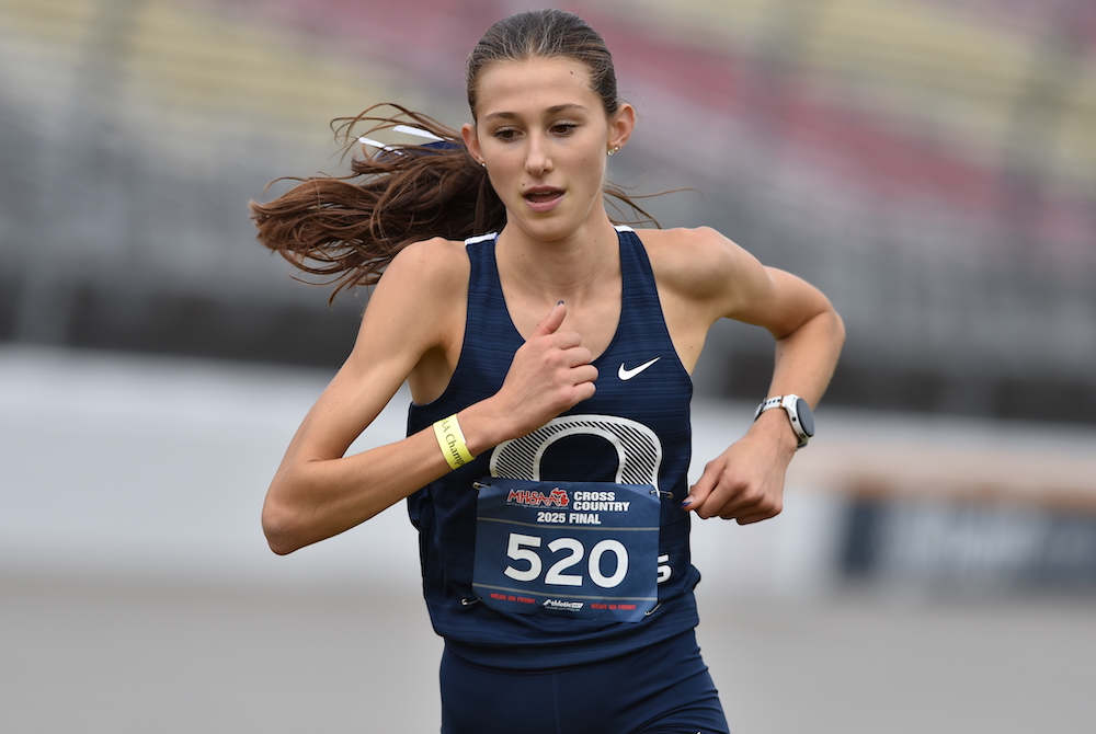 Otsego’s Emma Hoffman surges toward the finish of Saturday’s Division 2 Final at MIS. 